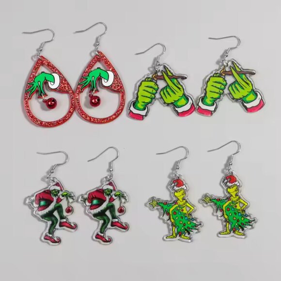 GRINCH Jingle Bell Tear Drop Glitter Dangle Earrings NEW - Picture 2 of 3